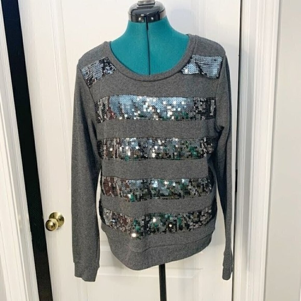 Forever XXI Green Sequin Stripe Crew Neck Casual Long Sleeve Comfy Sweatshirt
